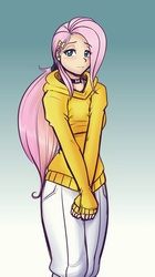 Size: 574x1024 | Tagged: safe, artist:scorpdk, fluttershy, human, g4, blushing, breasts, busty fluttershy, choker, chokershy, clothes, female, hairpin, humanized, light skin, long hair, looking at you, low ponytail, ponytail, solo, sweater, sweatershy