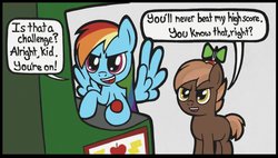 Size: 1024x580 | Tagged: safe, artist:sheandog, button mash, rainbow dash, g4, arcade game, competition, dialogue, high score, simple background