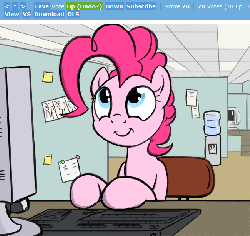 Size: 650x614 | Tagged: safe, artist:flavinbagel, pinkie pie, derpibooru, g4, animated, computer, downvote, female, inverted mouth, meta, office, office pinkie, solo, upvote
