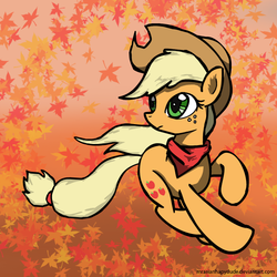 Size: 700x700 | Tagged: safe, artist:mrasianhappydude, applejack, g4, bandana, female, hat, leaves, running, solo