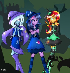 Size: 1732x1800 | Tagged: safe, artist:monnarcha, sunset shimmer, trixie, twilight sparkle, equestria girls, g4, choker, clothes, costume, counterparts, hat, magical trio, trio, trixie's cape, trixie's hat, twilight's counterparts