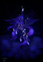 Size: 3500x4960 | Tagged: safe, artist:dalagar, princess luna, alicorn, pony, g4, egg, female, flying, magic, night, solo, spread wings, telekinesis, wings