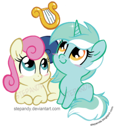 Size: 1729x1891 | Tagged: safe, artist:stepandy, bon bon, lyra heartstrings, sweetie drops, earth pony, pony, unicorn, g4, blushing, chibi, duo, lyre, prone, simple background, sitting, smiling, transparent background, watermark