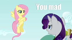 Size: 956x536 | Tagged: safe, edit, edited screencap, screencap, fluttershy, rarity, g4, putting your hoof down, caption