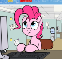 Size: 639x606 | Tagged: safe, artist:flavinbagel, pinkie pie, derpibooru, g4, computer, confused, downvote, faves, female, office, office pinkie, solo