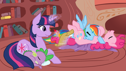 Size: 1366x768 | Tagged: safe, artist:bux, pinkie pie, rainbow dash, spike, twilight sparkle, g4, book, bookshelf, cuddling, eyes closed, female, golden oaks library, lesbian, lying, lying down, magic, on back, pony pile, prone, scroll, ship:pinkiedash, shipping, sleeping, smiling, snuggling, spread wings, writing