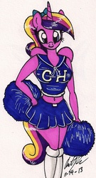 Size: 654x1212 | Tagged: safe, artist:newyorkx3, princess cadance, anthro, g4, belly button, breasts, busty princess cadance, cheerleader, clothes, female, midriff, ponytail, skirt, solo, traditional art