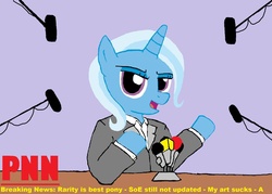 Size: 2048x1468 | Tagged: safe, artist:genevapony, trixie, pony, unicorn, g4, clothes, female, mare, microphone, news, pnn, solo, suit