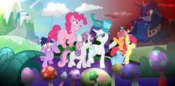 Size: 5000x2450 | Tagged: safe, artist:krystalderpx3, apple bloom, pinkie pie, princess celestia, princess luna, rainbow dash, rarity, scootaloo, sweetie belle, twilight sparkle, alicorn, cat, hare, mouse, pony, unicorn, g4, alice, alice in wonderland, catified, cheshire cat, cutie mark crusaders, dormouse, hat, mad hatter, march hare, mousified, mushroom, parody, pinkie cat, rainbow mouse, red queen, species swap, tweedle dee, tweedle dum, white queen
