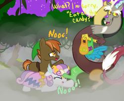 Size: 2450x2000 | Tagged: safe, artist:krystalderpx3, button mash, discord, sweetie belle, draconequus, g4, candy, clothes, colt, costume, dialogue, female, filly, foal, fog, forest background, link, male, mist, night, nightmare night, princess zelda, teasing, the legend of zelda, trollcord