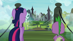 Size: 1920x1080 | Tagged: safe, screencap, spike, twilight sparkle, alicorn, pony, castle mane-ia, g4, season 4, bridge, castle, cold opening, female, mare, ruins, twilight sparkle (alicorn)