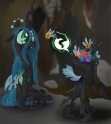 Size: 618x689 | Tagged: safe, artist:supersheep64, queen chrysalis, changeling, changeling queen, parasprite, g4, crown, fangs, female, jewelry, regalia