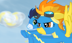 Size: 740x443 | Tagged: safe, artist:ajfive, soarin', spitfire, g4, female, flying, male, ship:soarinfire, shipping, straight