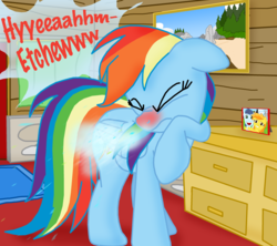 Size: 1280x1138 | Tagged: safe, artist:ajmstudios, rainbow dash, g4, female, fetish, red nosed, sick, sneezing, sneezing fetish, solo, spray