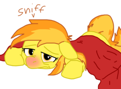 Size: 3124x2314 | Tagged: safe, artist:masterxtreme, spitfire, pegasus, pony, g4, blanket, cold, cute, female, floppy ears, frown, mare, miserable, prone, red nosed, sick, simple background, sneezing, solo, transparent background, woobie