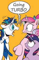 Size: 365x549 | Tagged: safe, idw, princess cadance, shining armor, twilight sparkle, pony, unicorn, g4, andrew francis, dialogue, exploitable meme, female, filly, floppy ears, looking at each other, max steel, meme, necktie, open mouth, orange background, raised hoof, screaming armor, shrunken pupils, simple background, turbo, voice actor joke, younger