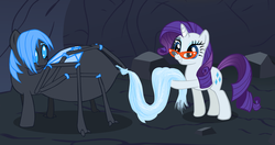 Size: 4104x2167 | Tagged: safe, artist:steampoweredstallion, rarity, drider, monster pony, original species, pony, spiderpony, unicorn, g4, duo, female, glasses, mare, rarity's glasses, silk