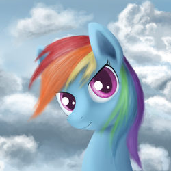 Size: 2000x2000 | Tagged: safe, artist:sycreon, rainbow dash, g4, bust, cloud, cloudy, colored pupils, female, looking at you, portrait, smiling, solo