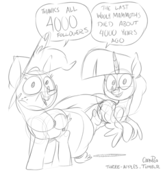 Size: 1000x1050 | Tagged: safe, artist:capnpea, applejack, twilight sparkle, alicorn, earth pony, pony, comic:three apples, g4, dialogue, duo, duo female, female, mare, monochrome, sketch, smiling, thanks, tumblr, twilight sparkle (alicorn)