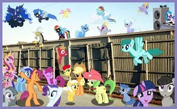 Size: 730x451 | Tagged: safe, apple bloom, apple fritter, applejack, archer (character), berry punch, berryshine, big macintosh, cloud kicker, cloudchaser, derpy hooves, discord, dj pon-3, fluttershy, liza doolots, marble pie, minuette, nightshade, octavia melody, petunia, princess cadance, princess luna, rainbow dash, rarity, ruby pinch, scootablue, scootaloo, spring melody, sprinkle medley, sunny daze, tootsie flute, trixie, vinyl scratch, earth pony, pony, g4, alley, apple family member, block party, clothes, costume, irl, male, party, photo, ponies in real life, shadowbolt dash, shadowbolts, shadowbolts costume, stallion