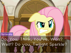 Size: 800x600 | Tagged: safe, fluttershy, g4, ace attorney, courtroom, crossover, dahlia hawthorne, dialogue, female, solo, witness