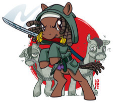 Size: 400x330 | Tagged: safe, artist:lordmesa, zombie, crossover, michonne, ponified, sword, the walking dead