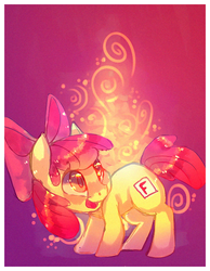 Size: 480x620 | Tagged: safe, artist:cappydarn, apple bloom, earth pony, pony, g4, bow, cutie mark, f, female, filly, hair bow, looking back, open mouth, smiling, solo