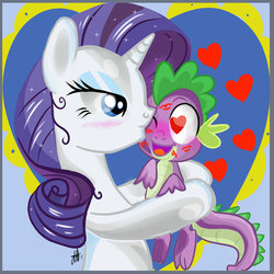 Size: 1024x1024 | Tagged: safe, artist:xwhitedreamsx, rarity, spike, dragon, pony, unicorn, g4, age difference, duo, duo male and female, female, kiss mark, kissing, male, ship:sparity, shipping, size difference, smaller male, spikelove, straight