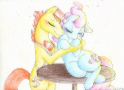 Size: 1053x765 | Tagged: safe, artist:prettypinkpony, carrot cake, cup cake, earth pony, pony, g4, blushing, crossed hooves, cute, duo, eyes closed, female, hug, love, male, mare, on table, ship:carrot cup, shipping, sitting, smiling, snuggling, stallion, straight, table, the cakes, traditional art