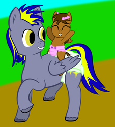 Size: 741x821 | Tagged: safe, artist:stargrazer, oc, oc only, oc:emerald rush, oc:stargrazer, pony, baby, baby pony, diaper, diaper fetish, duo, foal, non-baby in diaper, ponies riding ponies, riding