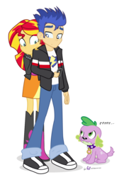 Size: 875x1250 | Tagged: safe, artist:dm29, flash sentry, spike, sunset shimmer, dog, human, equestria girls, g4, cellphone, female, growling, humanized, male, scared, ship:flashimmer, shipping, simple background, spike the dog, straight, transparent background, trio