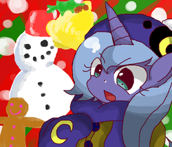 Size: 700x600 | Tagged: safe, artist:goyon5454541, princess luna, g4, clothes, female, hat, pixiv, s1 luna, scarf, snowman, solo