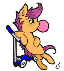 Size: 492x550 | Tagged: safe, artist:silver1kunai, scootaloo, g4, bipedal, bipedal leaning, bubblegum, female, filly, foal, food, gum, leaning, piercing, scooter, simple background, smugaloo, solo