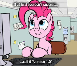 Size: 650x550 | Tagged: safe, artist:flavinbagel, pinkie pie, g4, computer, female, meme, office, office pinkie, solo