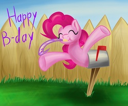 Size: 900x750 | Tagged: safe, artist:krololo, pinkie pie, earth pony, pony, g4, eyes closed, female, happy, happy birthday, mailbox, mare, noisemaker, silly, solo