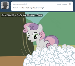 Size: 500x438 | Tagged: safe, sweetie belle, pony, unicorn, g4, butt, female, filly, foal, food, implied pooping, marshmallow, not salmon, plot, solo, sweetie belle is a marshmallow too, sweetiepoo, tumblr, wat