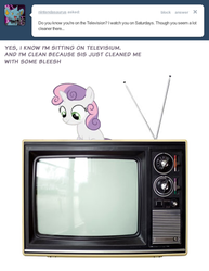 Size: 500x648 | Tagged: safe, sweetie belle, pony, unicorn, g4, female, saturday, solo, sweetie poo, sweetiepoo, television, tumblr