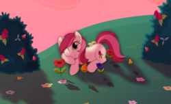 Size: 10000x6063 | Tagged: safe, artist:spectty, roseluck, earth pony, pony, g4, absurd resolution, bush, cute, female, flower, shadow, show accurate, solo