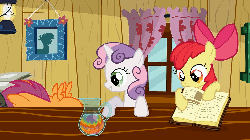 Size: 1024x576 | Tagged: safe, edit, edited screencap, screencap, apple bloom, scootaloo, sweetie belle, g4, hearts and hooves day (episode), lesson zero, animated, atomic rainboom, book, cutie mark crusaders, explosion, feather, female, grenade, hearts and hooves, hearts and hooves day, mouth hold, plucking