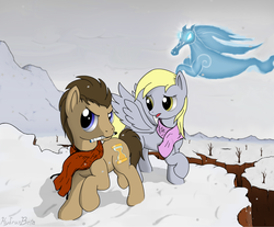 Size: 1920x1592 | Tagged: safe, artist:hydrusbeta, derpy hooves, doctor whooves, time turner, pegasus, pony, windigo, g4, clothes, doctor who, female, mare, scarf, snow, sonic screwdriver