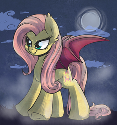 Size: 1500x1600 | Tagged: dead source, safe, artist:rainbowscreen, fluttershy, bat pony, devil, pony, g4, bat ponified, cloud, cloudy, fangs, female, flutterbat, hilarious in hindsight, mare, moon, night, race swap, solo, underhoof