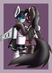 Size: 800x1132 | Tagged: safe, artist:scramjet747, oc, oc only, oc:scramjet, oc:wicked thornes, bat pony, original species, plane pony, pony, bipedal, clothes, duo, maid, nurse, plane