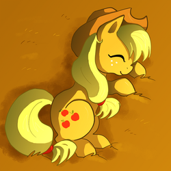 Size: 600x600 | Tagged: safe, artist:butterscotch25, applejack, g4, female, grass, sleeping, smiling, solo