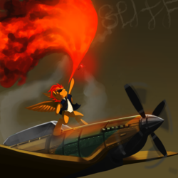 Size: 6000x6000 | Tagged: safe, artist:dimfann, spitfire, pegasus, pony, g4, absurd resolution, awesome, badass, bipedal, epic, female, fighter, fire, flare, literal, name pun, namesake, plane, pun, solo, spitfiery, supermarine spitfire, visual pun