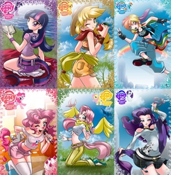 Size: 2004x2048 | Tagged: safe, artist:mauroz, applejack, fluttershy, pinkie pie, rainbow dash, rarity, twilight sparkle, bird, earth pony, human, pegasus, unicorn, anime, anime style, apple, backpack, belly button, bent over, blonde hair, blonde mane, blonde tail, blue eyes, blue fur, book, bracelet, breasts, busty fluttershy, busty pinkie pie, busty rarity, cake, clothes, cloud, confident, cowboy hat, cowgirl, denim shorts, eyeshadow, fingerless gloves, flying, food, freckles, front knot midriff, gloves, grass, green eyes, happy, hat, human coloration, humanized, indoors, jewelry, kneeling, leaping, light skin, makeup, mane six, midriff, multicolored hair, multicolored mane, multicolored tail, one eye closed, orange fur, outdoors, pink eyes, pink fur, pink hair, pink mane, pink tail, purple eyes, purple fur, purple mane, purple tail, rainbow hair, rainbow tail, shirt, shoes, shorts, side view, skirt, smiling, sneakers, socks, t-shirt, water, white fur, wink, wristband, yellow fur