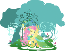 Size: 2889x2276 | Tagged: safe, artist:rariedash, fluttershy, butterfly, pegasus, pony, g4, clothes, cutie mark, dress, eyes closed, female, flower, gala dress, hooves, lineless, mare, rose, solo, spread wings, wings