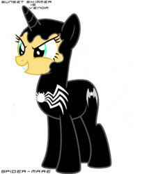 Size: 1024x1256 | Tagged: safe, artist:mp3fimmusic, sunset shimmer, pony, unicorn, g4, crossover, fangs, female, male, marvel, simple background, solo, spider-man, symbiote, transparent background, vector, venom