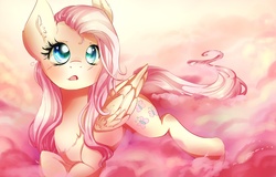 Size: 2500x1600 | Tagged: dead source, safe, artist:chocori, fluttershy, g4, :o, blushing, cloud, cloudy, cute, ear fluff, eye reflection, female, folded wings, looking up, open mouth, pink cloud, prone, reflection, shyabetes, solo