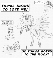 Size: 1089x1200 | Tagged: safe, artist:siegfriednox, berry punch, berryshine, fluttershy, princess celestia, princess luna, g4, dialogue, monochrome, pencil drawing, text, to the moon, traditional art, you're going to love me