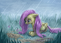 Size: 3400x2361 | Tagged: safe, artist:ruffu, fluttershy, pegasus, pony, g4, crying, female, floppy ears, flower, folded wings, grass, grave, lip bite, looking at something, looking down, mare, outdoors, prone, rain, solo, stray strand, teary eyes, wet mane, wings